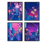 DALIHEBO Anime Posters Japanese Wall Art Set of 4 - Anime Art Tokyo Streets in the Night Sky Wall Decor Poster for Living Room Bedroom Kitchen UNFRAMED 8x10 inch