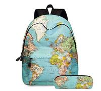 DALIN 2pcs World Map Printing Backpack Laptop Daypack Bookbag with Pencil Case Set