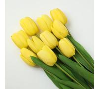 dallisten 10Pcs Yellow Artificial Tulips Silk Flowers, Long Stem and Green Leaves, Fake Flowers Decoration for Vase, Wedding, Party, Kitchen, Office, Home, Bedroom, Table Centerpiece Decor