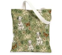 Dalmatian Canvas Tote Bag for Women, Nature Playful Butterfly Ivy Spring Green Washable Reusable Grocery Bag for Shopping B, Green, 13x15 Inch
