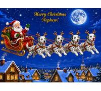 Dalmatian Christmas Card for Nephew (Funny Reindeer Santa Sleigh)