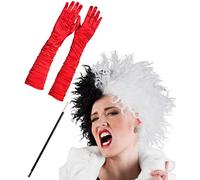 Dalmatian Lady Cruella De Ville Costume 3 Piece Set - Black & White Wig, Long Red Gloves and Cigarette Holder - Women's Halloween Fancy Dress Costume