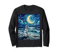 Dalmatian Starry Night Dog at The Beach Moon and Stars Art Long Sleeve T-Shirt