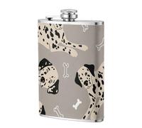 Dalmatians and Bones On Grey,304 Stainless Steel 8oz Flask Pu Leather Case, Pocket Flagon Outdoor Flat Liquor Flask