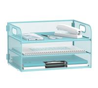 DALTACK 3 Tier Paper Organizer with Handle, Mesh Metal Desk Organizer with Sliding Paper Trays for Letter/A4 Paper, Mail, Bills & Folders, Blue