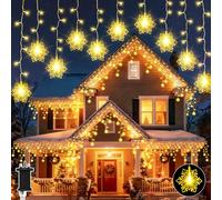 Dalugo Icicle Christmas Lights, 240 LED 10M Warm White Snowflake Icicle Lights Outdoor with Memory Function, 6H Timer, 8 Modes Waterproof Mains Powered for Christmas Decor, Balcony, Porch, Eave