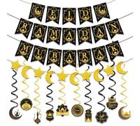 Dalugo Ramadan Decorations for Home, Eid Mubarak Banner, Gold Star Moon, Hanging Swirl, Black and Gold Muslim Islamic Party Decor
