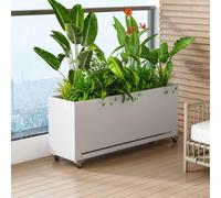 Dalumian Modern Metal Planter Box, Mobile Raised Garden Bed with Drainage Tray, 4 Swivel Lockable Wheels, Outdoor Elevated Planter for Patio, Porch & Garden, White(120 * 35 * 47CM)
