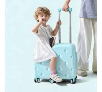 Dalumian Ride-on Luggage, Hardshell Carry On Suitcase, Cute Lightweight Tow Along Carry on Luggage with Wheels, Telescopic Handle, Suitable for Travel Study Tours(Cyan-Blue,18")