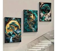 DAMAIART 3pcs Marble Pattern Jade Green Golden Foil Line Art HD Canvas Printing Decoration Painting for Living Room Home Decor 40x60cmx3 BlackFrame