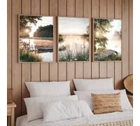 DAMAIART 3pcs Set Modern Rustic Landscape Canvas Art Prints - Geometric Triptych Wall Art Posters - Serene Lake and Boat Mural(20x30cmx3/Canvas Wrapped)
