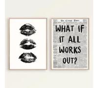 DAMAIART Black White Kiss Lips Preppy Art Canvas Poster Aesthetic What If It All Works Out Retro Newspaper Prints Home Decoration(50x70cmx2/Canvas Wrapped)