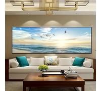 DAMAIART Canvas Wall Art Print - Large Ocean Sunset Landscape with Seagulls & Waves, Serene Beach Scene for Living Room Decor 20x60cm Frameless