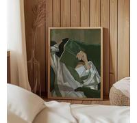 DAMAIART Emerald Green Reading Woman Wall Art Large Abstract People Poster Striped Art Portrait Minimalist Contemporary Decor(60x90cm/Canvas Wrap)