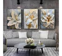 DAMAIART Gold and White Flower Canvas Posters Painting Abstract Lily Flowers Wall Art Print for Bedroom Living Room Home Decor(30x40cmx3/Inner Frame)