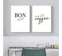 DAMAIART Kitchen Wall Art Prints Decor But First Coffee Poster Bon Appetit Print Black White Canvas Painting for Dining Room Decor(20x30cmx2/Frameless)
