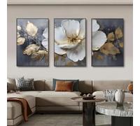 DAMAIART Modern Abstract Floral Canvas Wall Art Painting, Golden and White Flowers Posters Print for Living Room, Bedroom, Study(40x60cmx3/Frameless)
