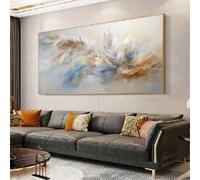 DAMAIART Modern Abstract Watercolor Feather Canvas Wall Art,Blue Beige White Gold Gray Prints Poster for Living Room Wall Decor(50x90cm/Canvas Wrap)