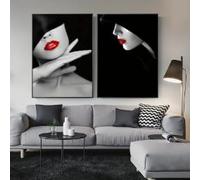 DAMAIART Red Lips Woman Canvas Poster Prints Black and White Art Decoration Painting Modern Wall Art Living Room Decorative(60x90cmx2/Frameless)