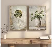 DAMAIART Retro Lucky Leaf Clover Canvas Prints Still Life Plant Wall Art Posters for Modern Living Room Bedroom Home Decor(60x90cmx2/Inner Frame)