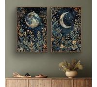 DAMAIART Set of 2 Boho Botanical Floral Moon Celestial Art Vintage Poster Dark Academia Moody Canvas Painting Print Home Decor 40x60cmx2 InternalFrame