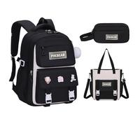 Damaiyiyi Girls' Backpack 3-Piece Set School Backpack Cute Badge Plush Pendant Accessories (Black)