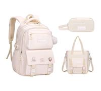 Damaiyiyi Girls' Backpack 3-Piece Set School Backpack Cute Badge Plush Pendant Accessories (Off white)