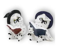 damaloo 2 x Magic Owl Figures 7 cm Set - Snow Owls with Magic Hat & Books Stack - Snow Owls Living Room, Bedroom, Bookshelf - Owls Decorative Figure - Balcony Decoration - Fantasy