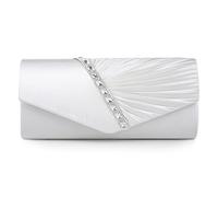Damara Womens Pleated Crystal-Studded Satin Handbag Evening Clutch,White