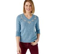 Damart Embroidered Sweater Women V Neck 3/4 Sleeves Blue