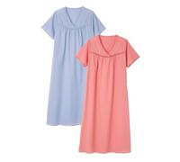 Damart Pack Of 2 Embroidered Nightdresses Women Nightwear V Neck Short Sleeves Pink