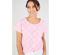 Damart Women's Broderie Anglaise T-Shirt Cotton Blend Scoop Neck Regular Fit in Baby Pink | Size: 14-16 Damart Baby Pink 14-16
