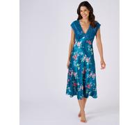 Damart Women's Satin Print Nightdress with Stretch Lace V-Neck in Teal | Size: Small Damart Teal S