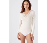 Damart Women's Toasty Thermal Long Sleeve Top With A Lace Trim V-Neck in Light Sand | Size: Small Damart Light Sand S