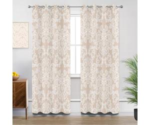 Damask Floral Kitchen Curtains for Windows - Beige Retro Vintage Palace Court Style Blackout Eyelet Curtain 54 Drop, Short Curtains for Bedroom, W46 X D54, 2 Panels Drapes Home Decor
