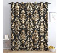 Damask Home Decor Gifts - Damask Curtains for Bedroom Living Room - Black and Gold Baroque Blackout Curtains 66 x 54 Inch (Width x Drop) 2 Panels, Luxury Vintage Eyelet Curtains & Drapes