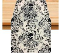Damask Table Runner,Skull Gothic Antique Victorian Black Floral Bohemian Exotic Table Runner for Home Kitchen Dining Table Party Holiday Decor, 13x36inch