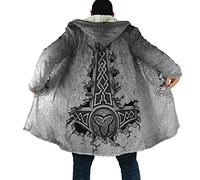 DAMATA Nordic mythology thors hammer Men's warm wool hooded jacket Viking tattoo winter mid-length jacket Warm hooded coat (Color : Gray Mjölnir, Size : L)