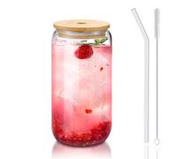 DAMCONME Glass Cups with Lids and Straws 1Pack,Glass Coffee Cups,Glass Cup with Lid for Iced Coffee,Smoothie,Cocktail,Beer,Whiskey,Soda,Matcha,16 Oz Glass Cup with Bamboo Lid,1 Brush