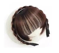 Damen Extensions Synthetic Fake Bangs Hair Neat Fringe Bangs with Double Row Braids Headband for Dating(Dark brown)