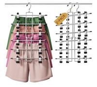 DAMITA Skirt Trouser Hangers with Clips Space Saving Hanging Closet Organizer 6 Tiers Multi Hanger with 360° Swivel Hook, Finger-Safe Design- College Dorm Room Apartment Essentials 2-pack