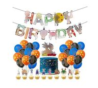 Damoff Birthday Decoration Pack: 24pcs Balloons, 1pcs Birthday Banner, 11pcs Cake Decorations - Cartoon Pattern