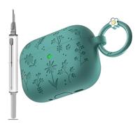 DamonLight Flora Engraved Case for AirPods Pro 3 Shockproof Protective Soft Silicone Case Cover with Cleaning Pen and Floral Keychain for Apple Airpods Pro 3rd Generation (Forest Green)