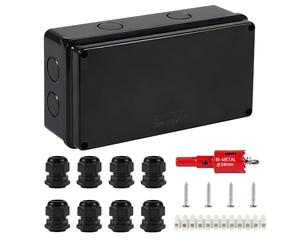 DAMORON Black Industrial Surface-Mount IP65 Waterproof ABS Junction Box, 200 x 100 x 70 mm, Includes 1 x Box, 8 x M24 Cable Glands, 1 x 12 Strip Terminal Blocks, 4 x Stainless Screws