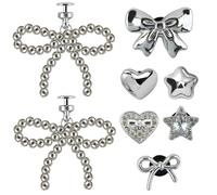 DAMOWANG 8 PCS Silver Pearl Bowknot Shoe Charms Sparkling Heart Rhinestones Bling Star Shoe Charm Set Cute Bow Charms for Shoes Decoration Fasion Shoes Decor Accessories for Women