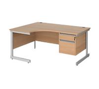 Dams International Contract 25 Left Hand Ergonomic Desk with 2 Lockable Drawers Pedestal and Beech Coloured MFC Top with Silver Frame Cantilever Legs 1,600 x 1,200 x 725 mm