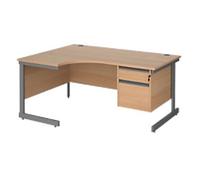 Dams International Contract 25 Left Hand Ergonomic Desk with 2 Lockable Drawers Pedestal and Beech Coloured MFC Top with Graphite Frame Cantilever Legs 1,600 x 1,200 x 725 mm