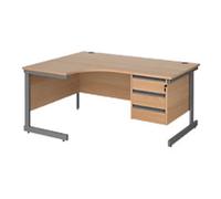 Dams International Contract 25 Left Hand Ergonomic Desk with 3 Lockable Drawers Pedestal and Beech Coloured MFC Top with Graphite Frame Cantilever Legs 1,600 x 1,200 x 725 mm