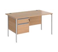 Dams International Contract 25 Straight Desk Rectangular with Beech Coloured MFC Top and Silver H-Frame Legs and 2 Lockable Drawer Pedestal 1,400 x 800 x 725 mm