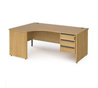 Dams International Left Hand Ergonomic Desk with 3 Lockable Drawers Pedestal and Oak Coloured MFC Top with Graphite Panel Ends and Silver Frame Corner Post Legs Contract 25 1800 x 1200 x 725 mm